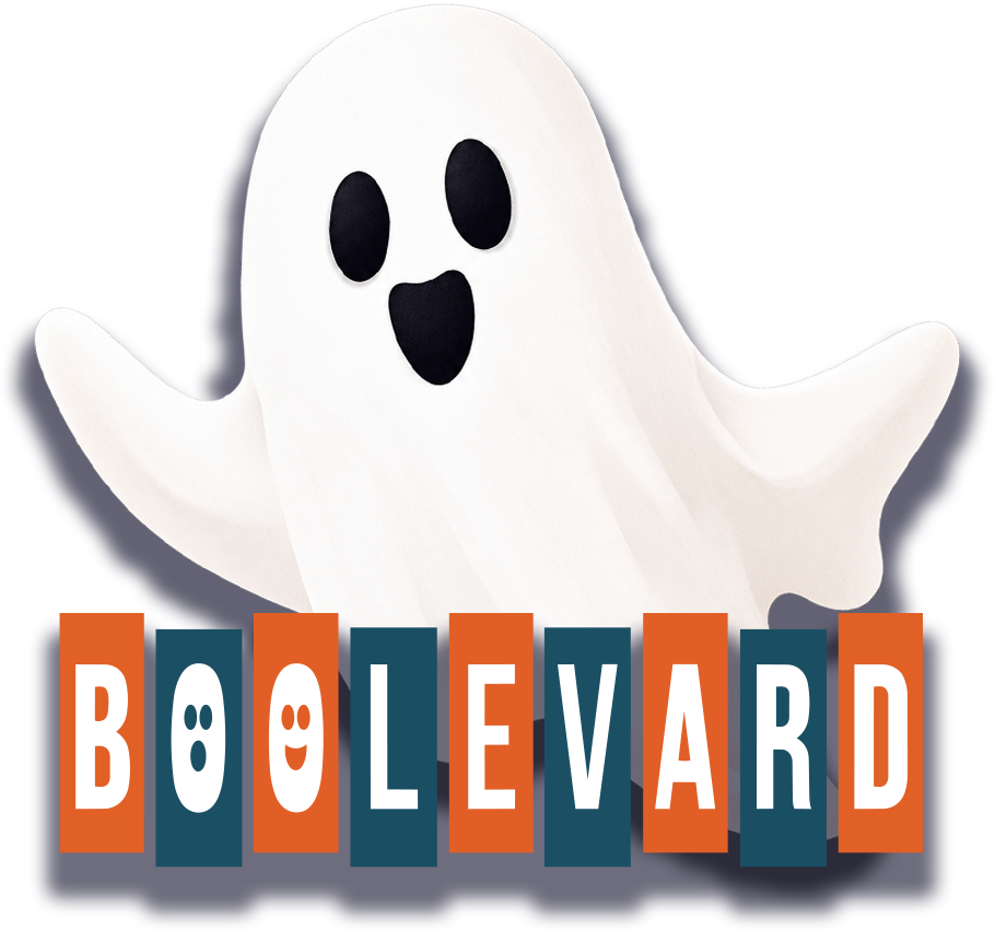 Friendly waving ghost above the Boolevard logo