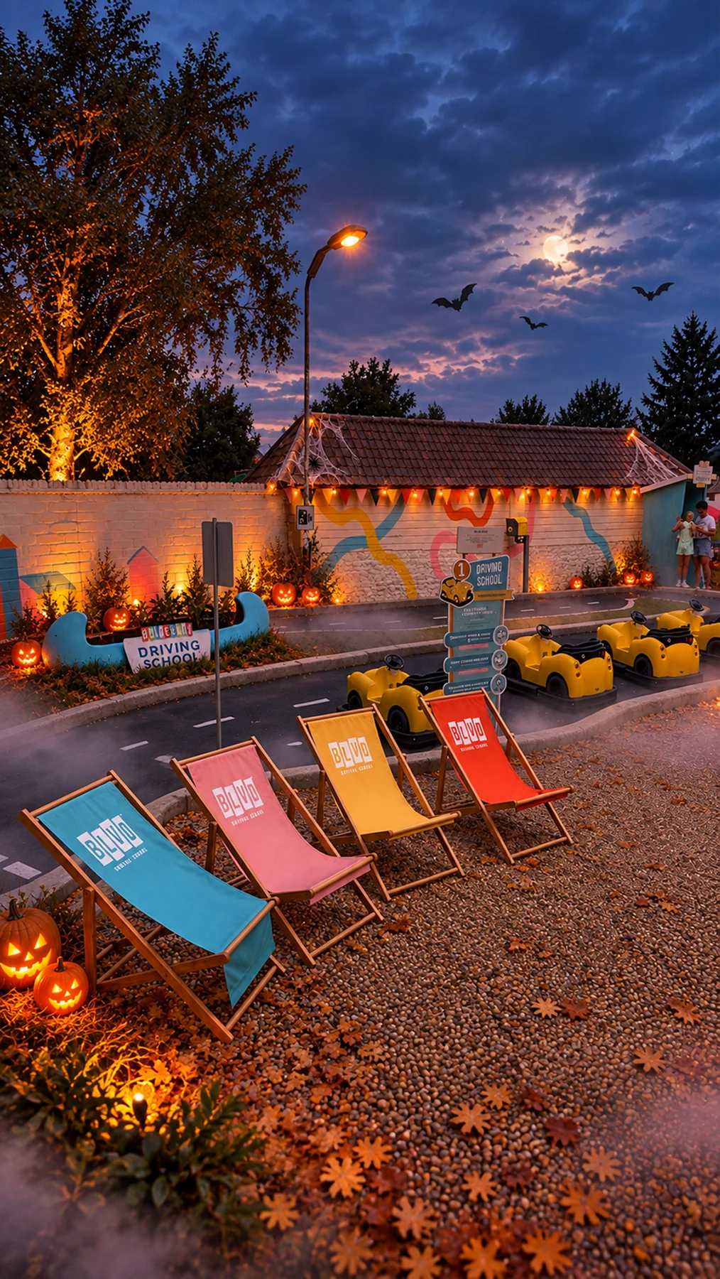 The Boulevard at dusk, decorated with glowing pumpkins, autumn leaves and colourful deckchairs