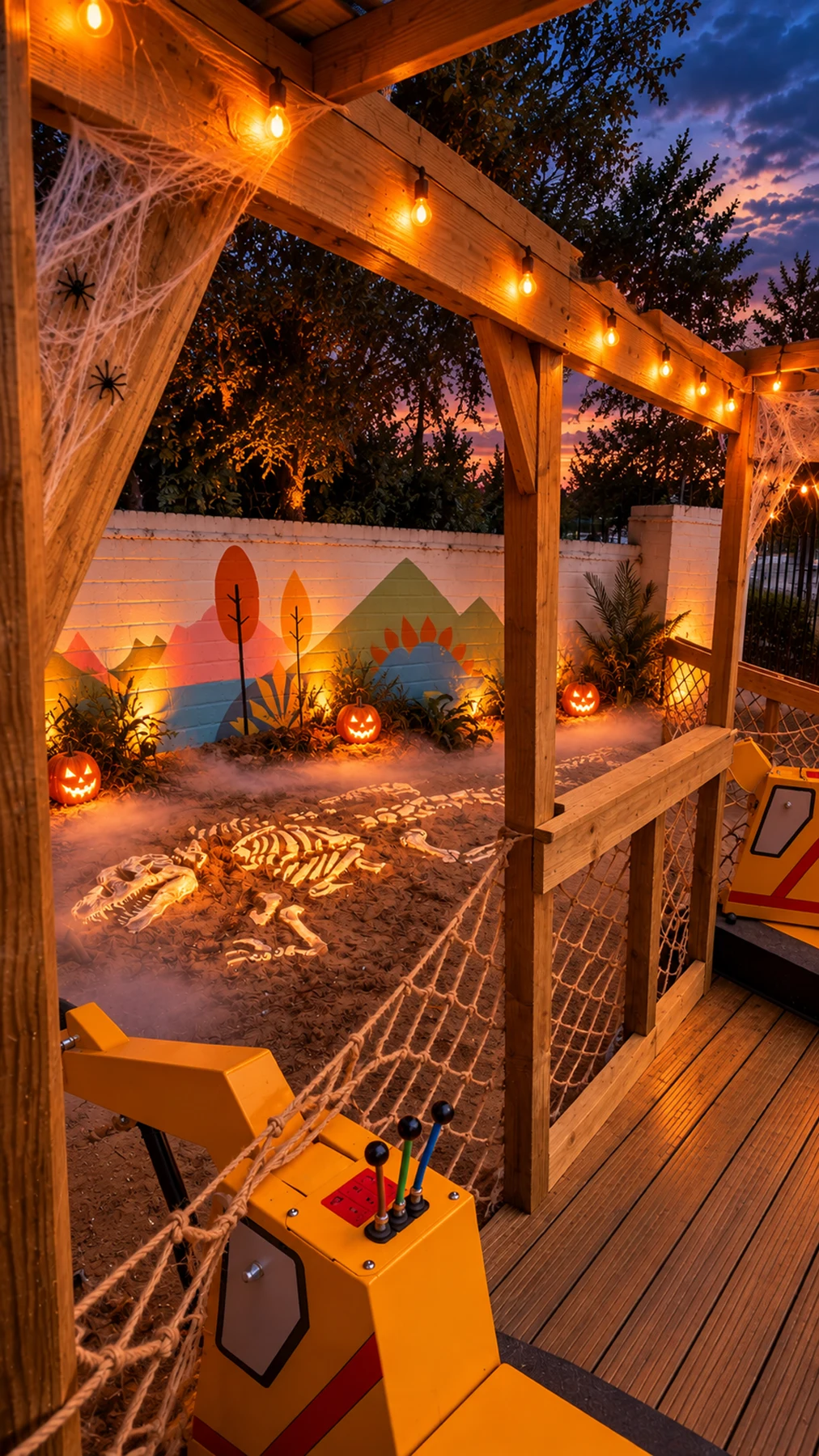 A cosy wooden veranda decorated with Halloween cobwebs, glowing pumpkins and warm lights